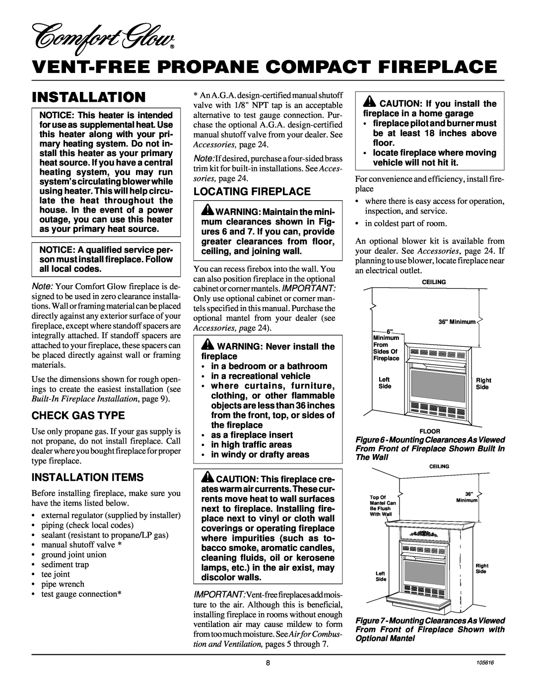 Desa CGCF26PRA installation manual Installation, Vent-Freepropane Compact Fireplace, WARNING Never install the fireplace 