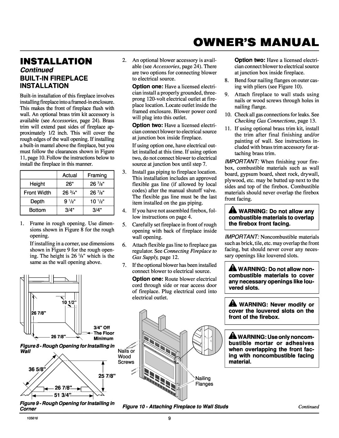 Desa CGCF26PRA installation manual Continued, Built-Infireplace Installation, 36 5/8 25 7/8 26 7/8 51 3/4 