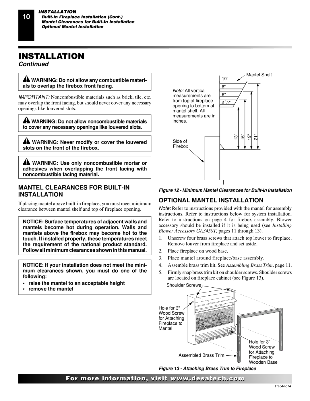 Desa CGCF26TN installation manual Mantel Clearances for BUILT-IN Installation, Optional Mantel Installation 