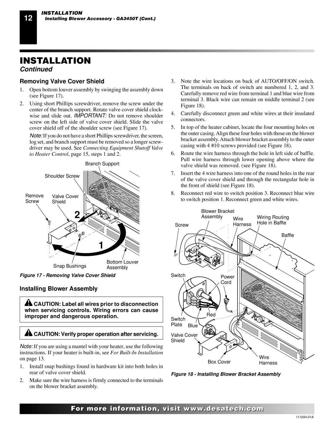 Desa CGCF26TN installation manual Removing Valve Cover Shield, Installing Blower Assembly 