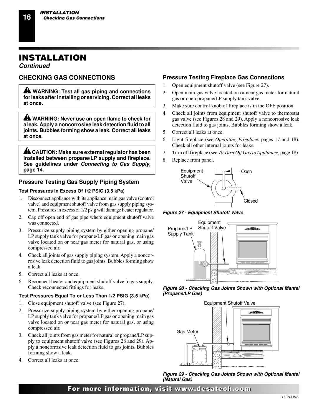 Desa CGCF26TN installation manual Checking GAS Connections, Pressure Testing Gas Supply Piping System 