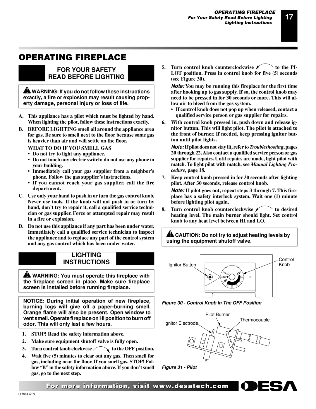 Desa CGCF26TN installation manual Operating Fireplace, For Your Safety Read Before Lighting, Lighting Instructions 