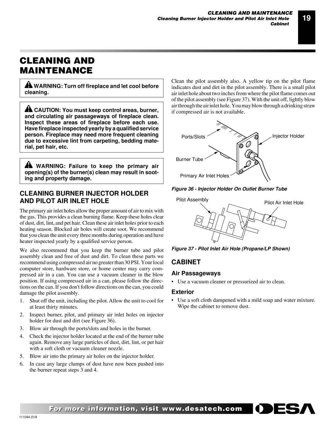 Desa CGCF26TN Cleaning and Maintenance, Cleaning Burner Injector Holder and Pilot AIR Inlet Hole, Cabinet, Air Passageways 