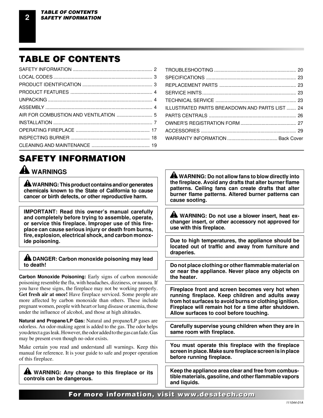 Desa CGCF26TN installation manual Table of Contents, Safety Information 