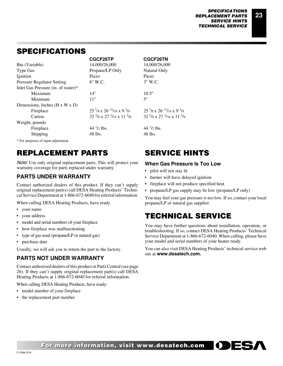 Desa CGCF26TN installation manual Specifications, Replacement Parts, Service Hints, Technical Service 