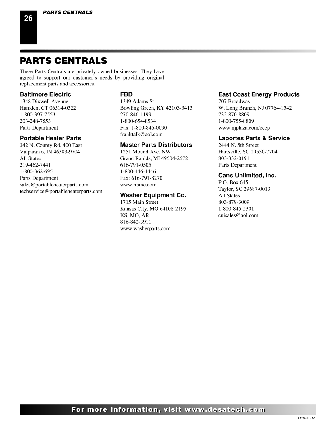 Desa CGCF26TN installation manual Parts Centrals 