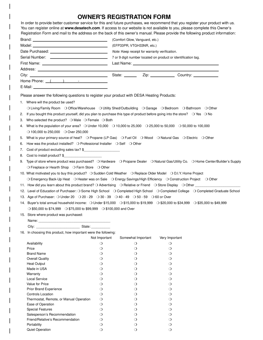 Desa CGCF26TN installation manual Owners Registration Form 