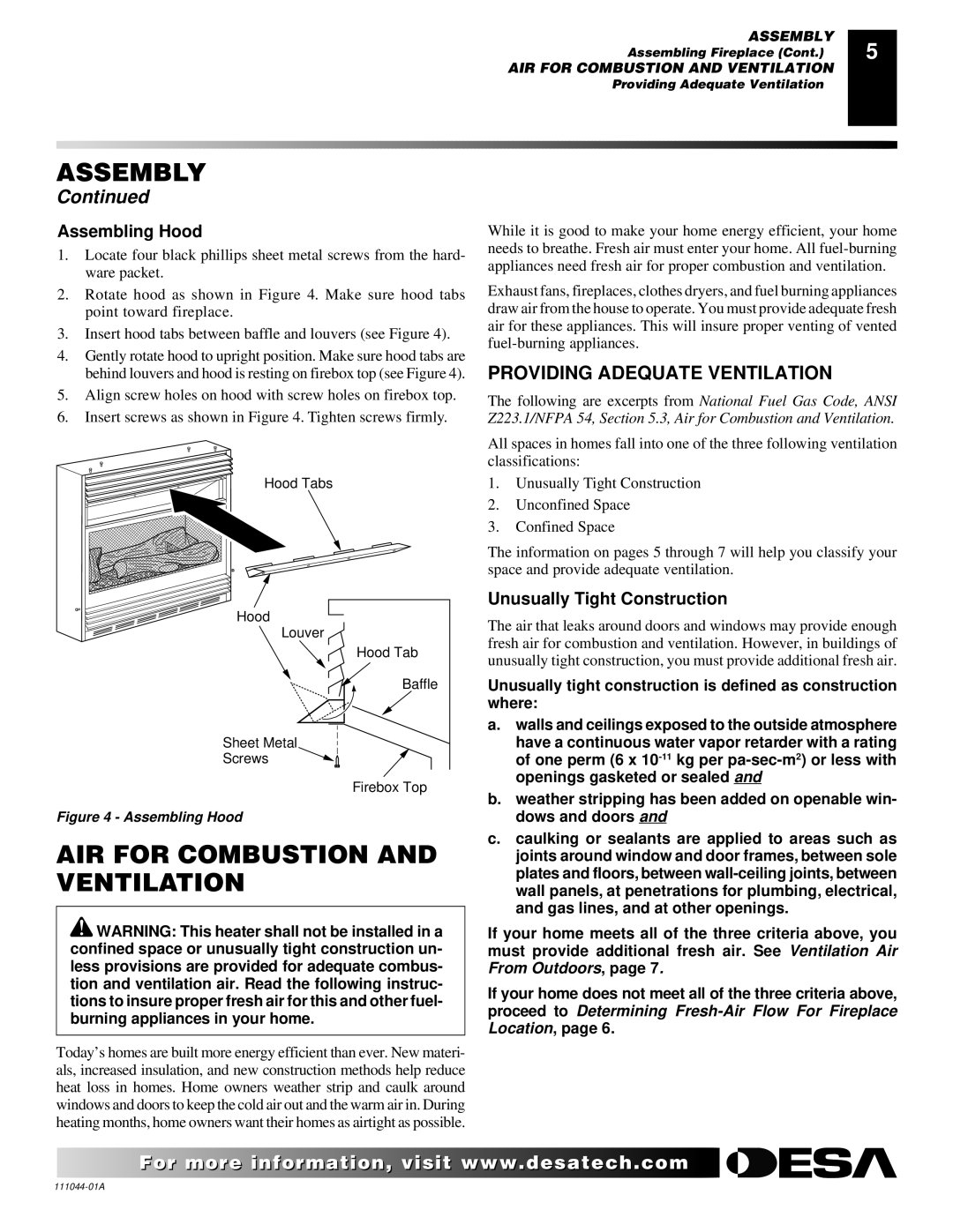 Desa CGCF26TN installation manual AIR for Combustion and Ventilation, Providing Adequate Ventilation, Assembling Hood 