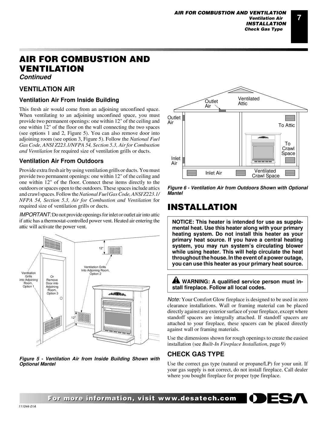 Desa CGCF26TN installation manual Installation, Ventilation AIR, Check GAS Type, Ventilation Air From Inside Building 