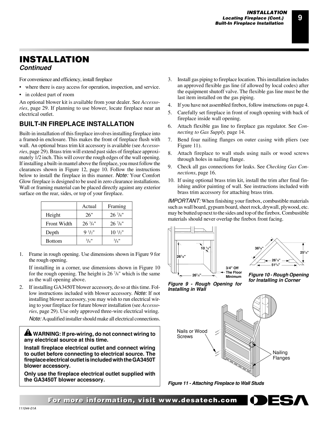 Desa CGCF26TN installation manual BUILT-IN Fireplace Installation, Rough Opening for Installing in Wall 