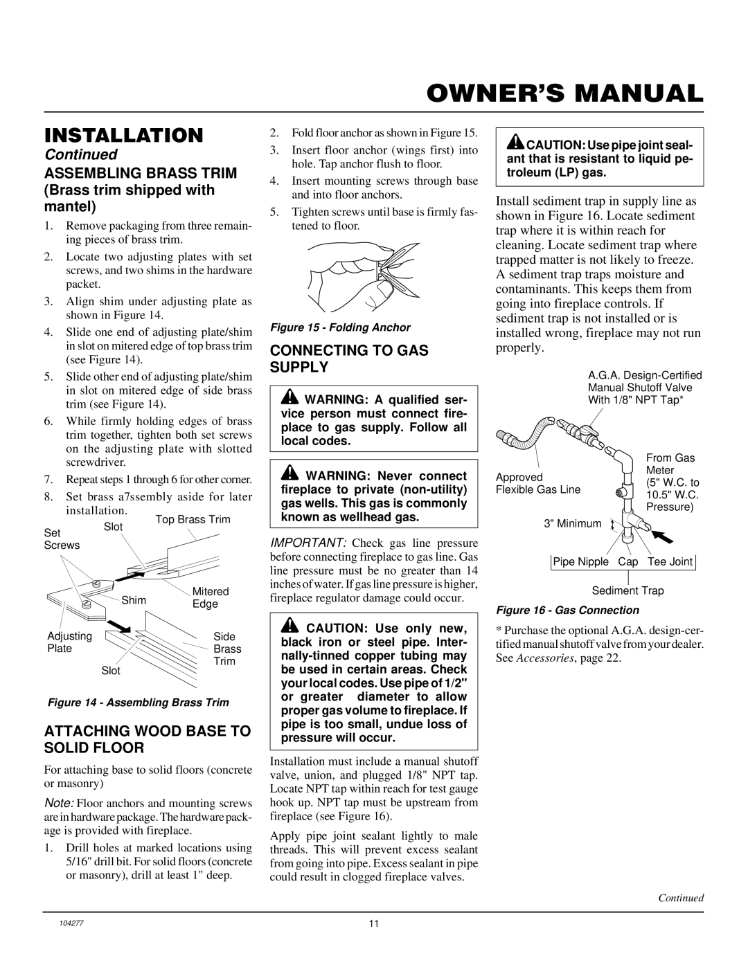 Desa CGCF26TNA installation manual Connecting to GAS Supply, Attaching Wood Base to Solid Floor 