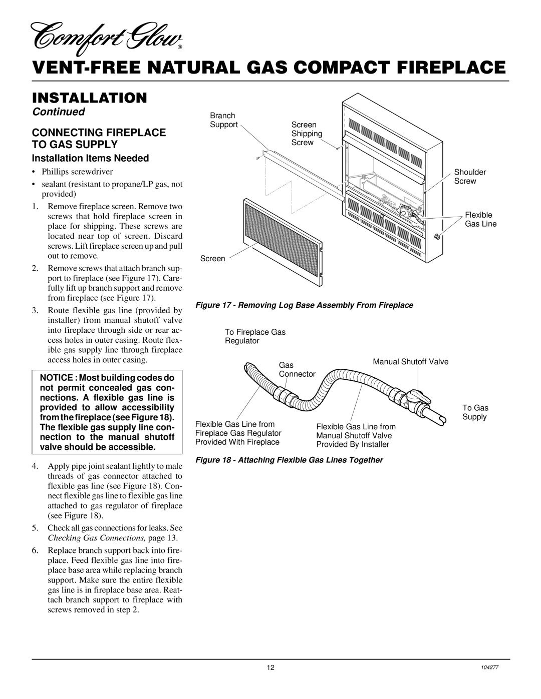 Desa CGCF26TNA installation manual Connecting Fireplace to GAS Supply, Installation Items Needed 