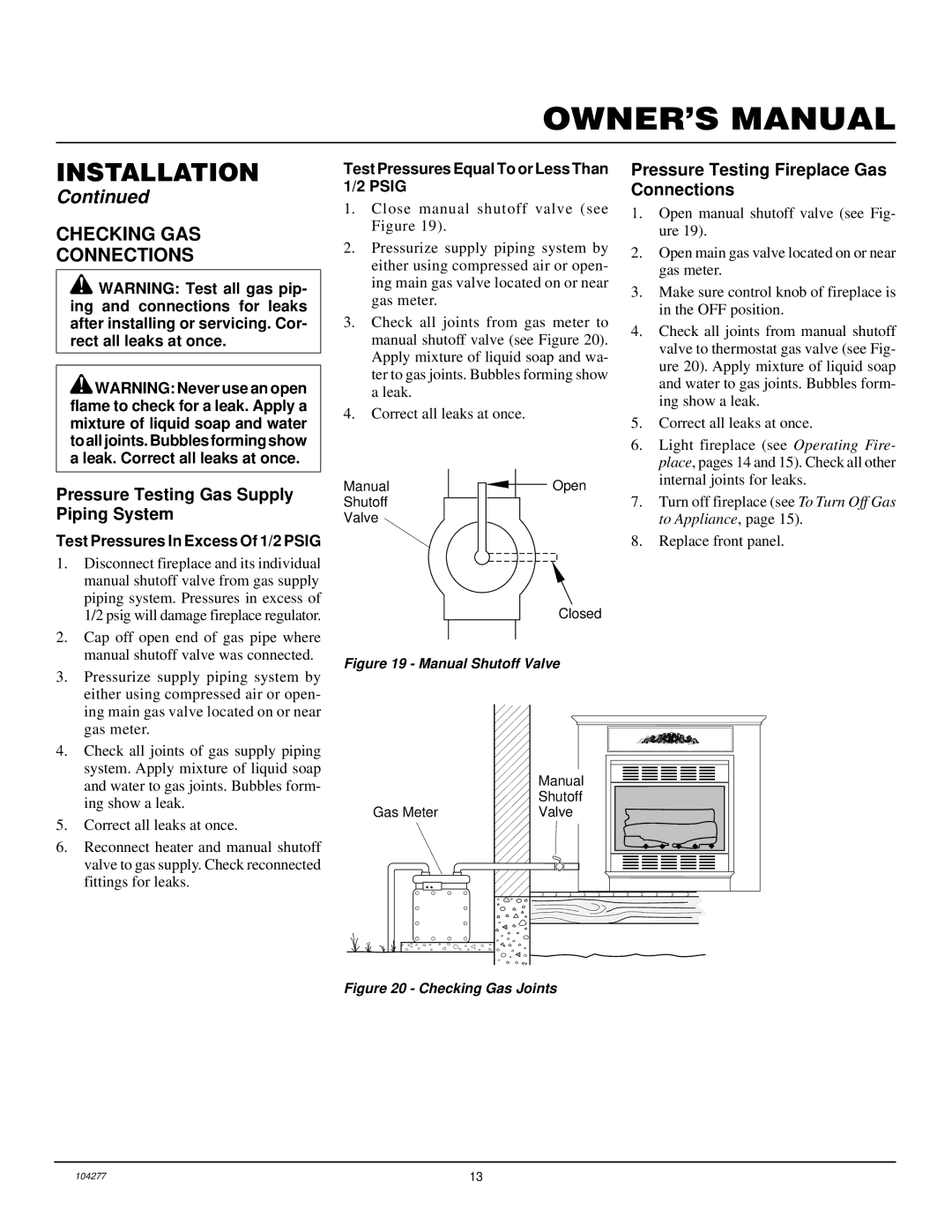 Desa CGCF26TNA installation manual Checking GAS Connections, Pressure Testing Gas Supply Piping System 