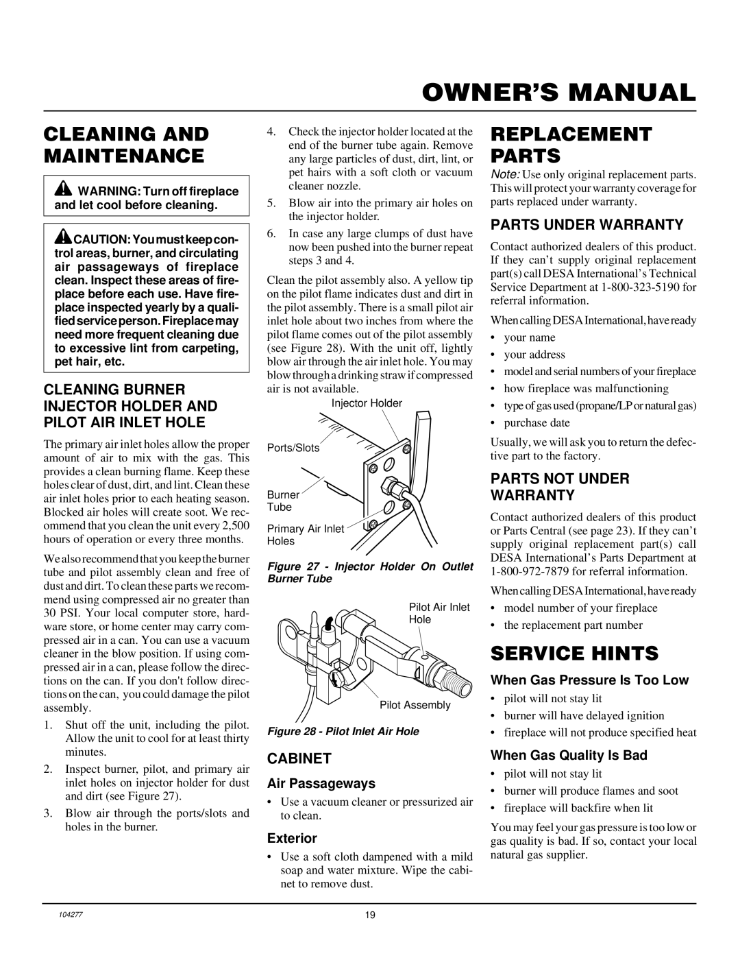 Desa CGCF26TNA installation manual Cleaning and Maintenance, Replacement Parts, Service Hints 