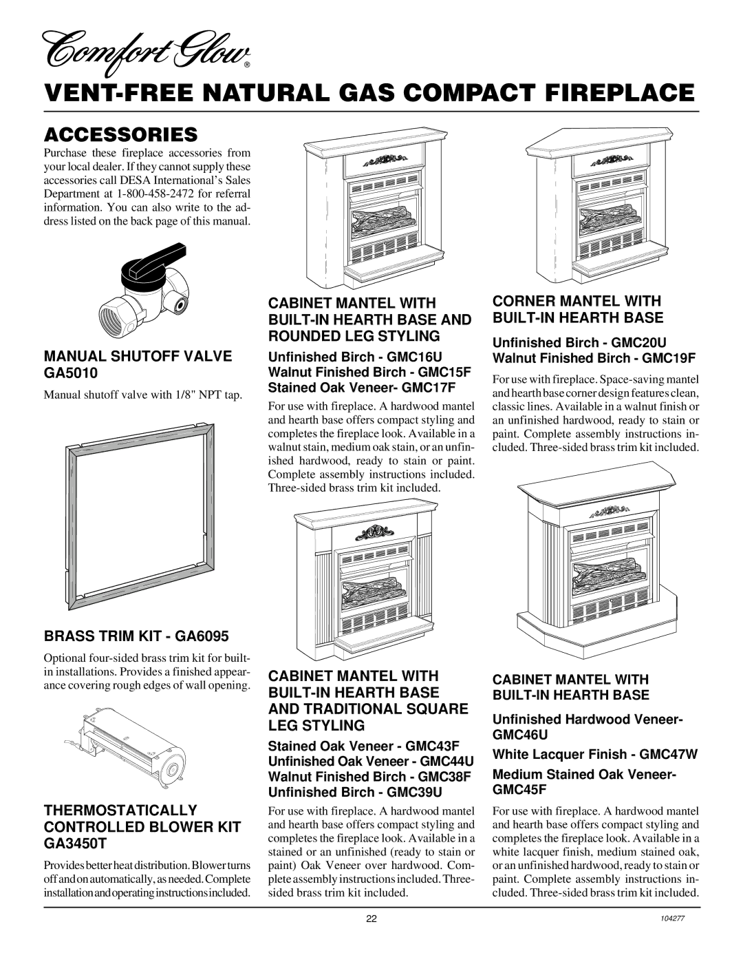 Desa CGCF26TNA Accessories, Manual Shutoff Valve GA5010, Brass Trim KIT GA6095, Corner Mantel with BUILT-IN Hearth Base 