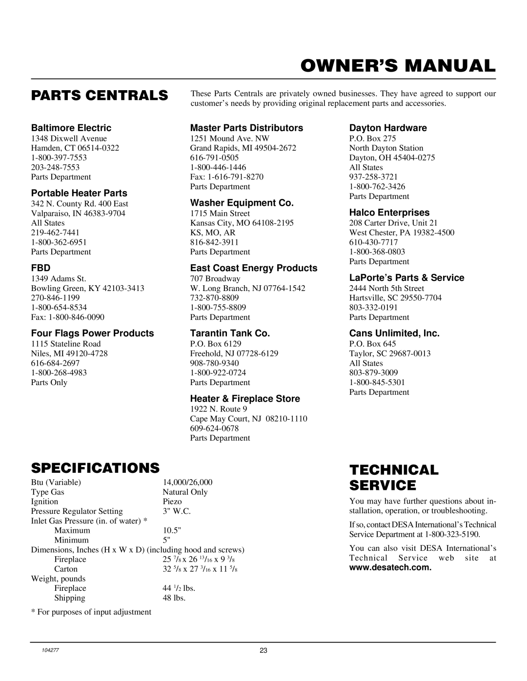 Desa CGCF26TNA installation manual Parts Centrals, Specifications, Technical Service, Fbd 