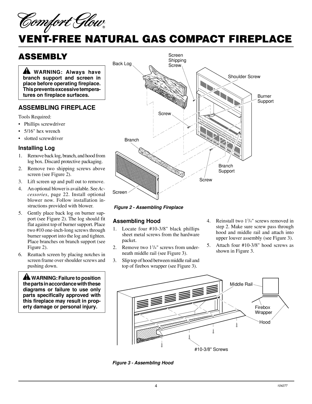 Desa CGCF26TNA installation manual Assembly, Assembling Fireplace, Installing Log, Assembling Hood 