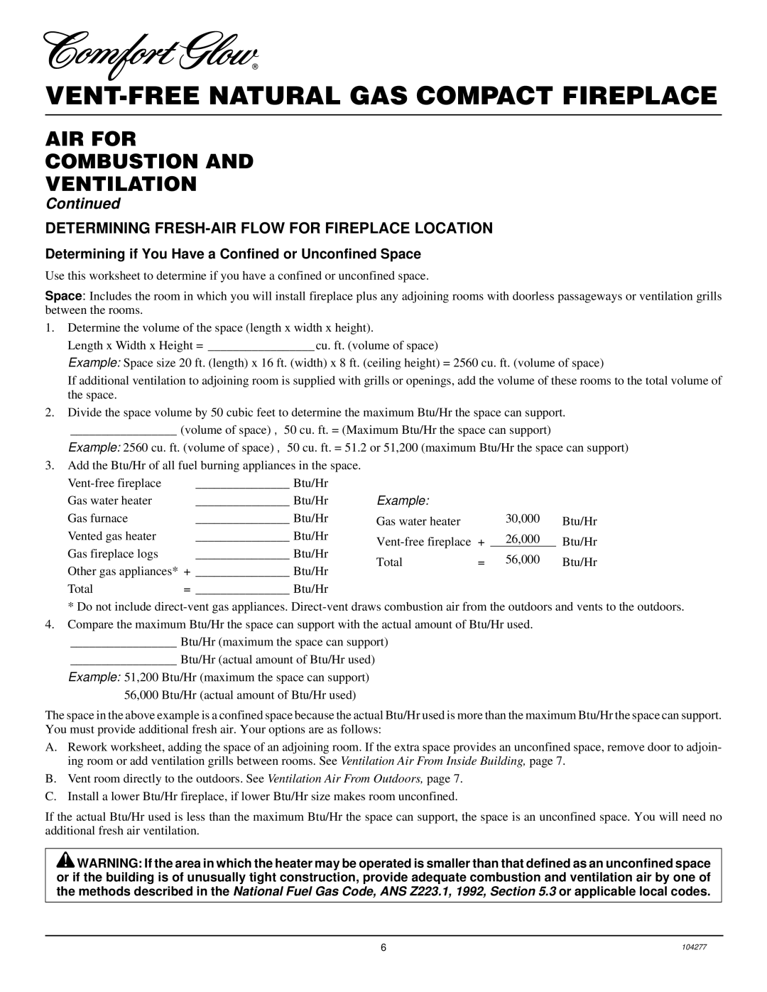 Desa CGCF26TNA installation manual AIR for Combustion Ventilation, Determining FRESH-AIR Flow for Fireplace Location 