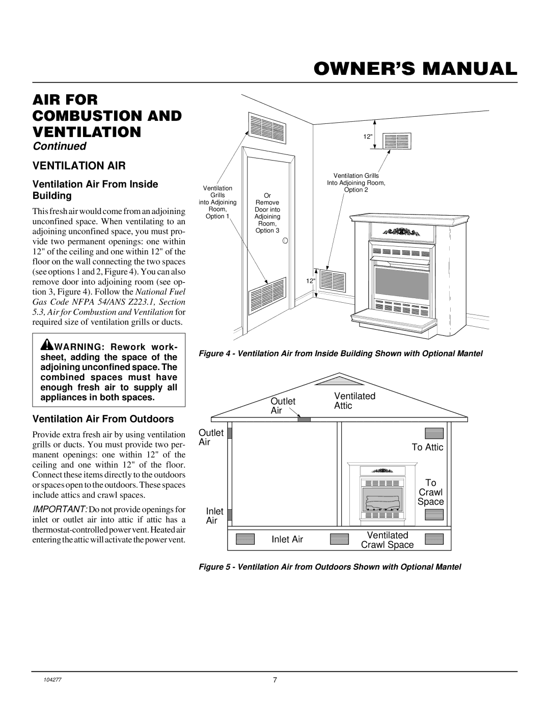 Desa CGCF26TNA installation manual Ventilation AIR, Ventilation Air From Inside Building, Ventilation Air From Outdoors 