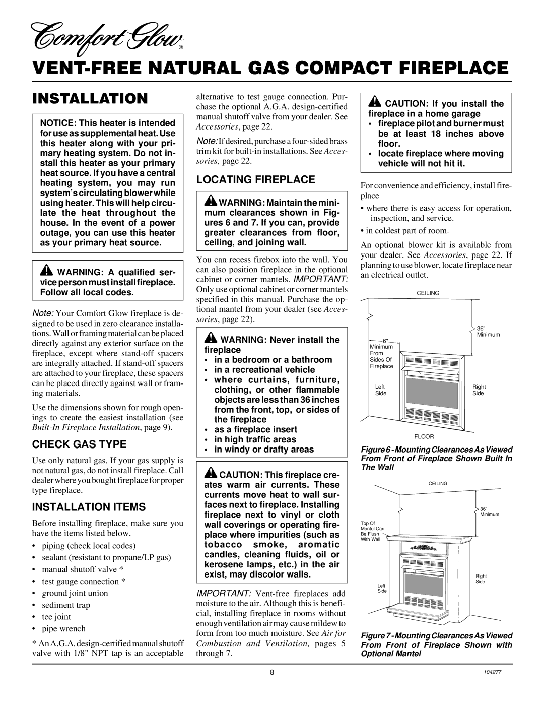 Desa CGCF26TNA installation manual Check GAS Type, Locating Fireplace, Installation Items 