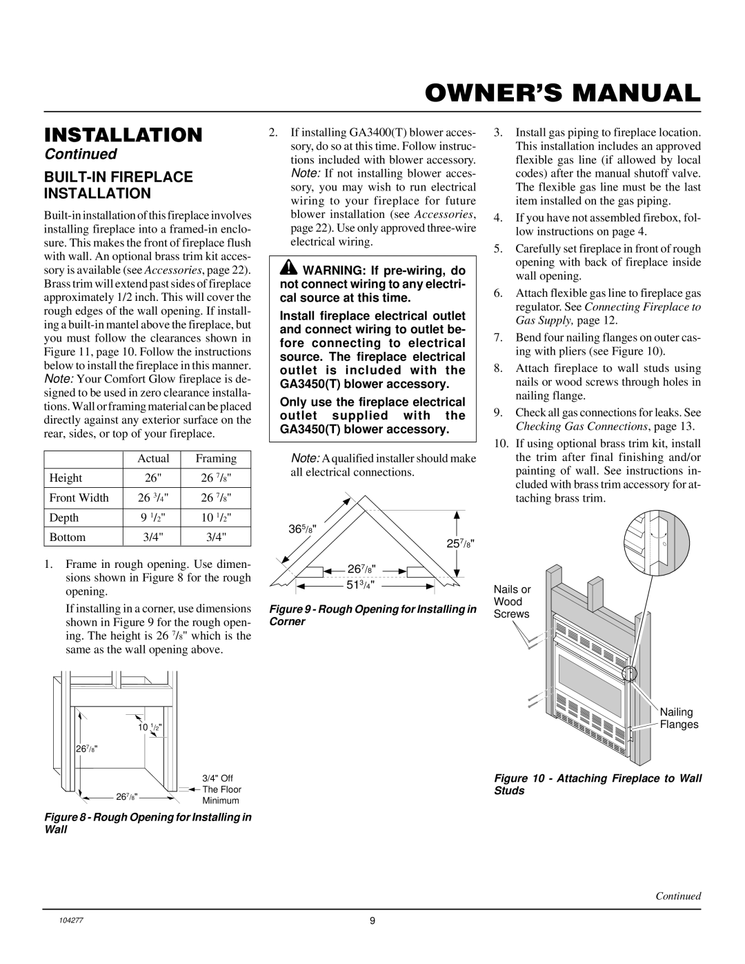 Desa CGCF26TNA installation manual BUILT-IN Fireplace Installation, Rough Opening for Installing in Corner 