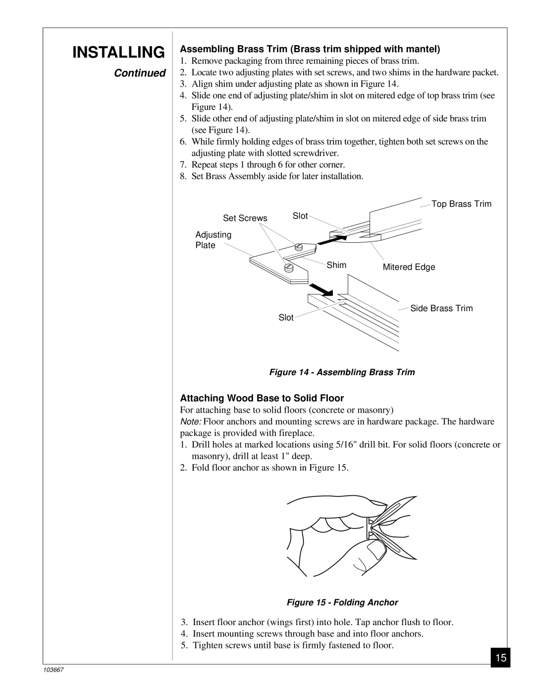 Desa CGCF26TP installation manual Assembling Brass Trim Brass trim shipped with mantel, Attaching Wood Base to Solid Floor 