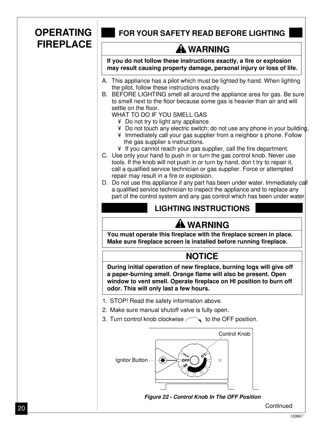 Desa CGCF26TP installation manual Operating Fireplace 