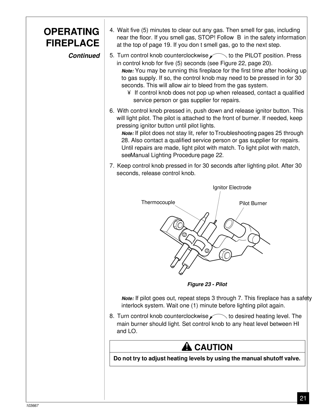 Desa CGCF26TP installation manual Operating Fireplace, Pilot 