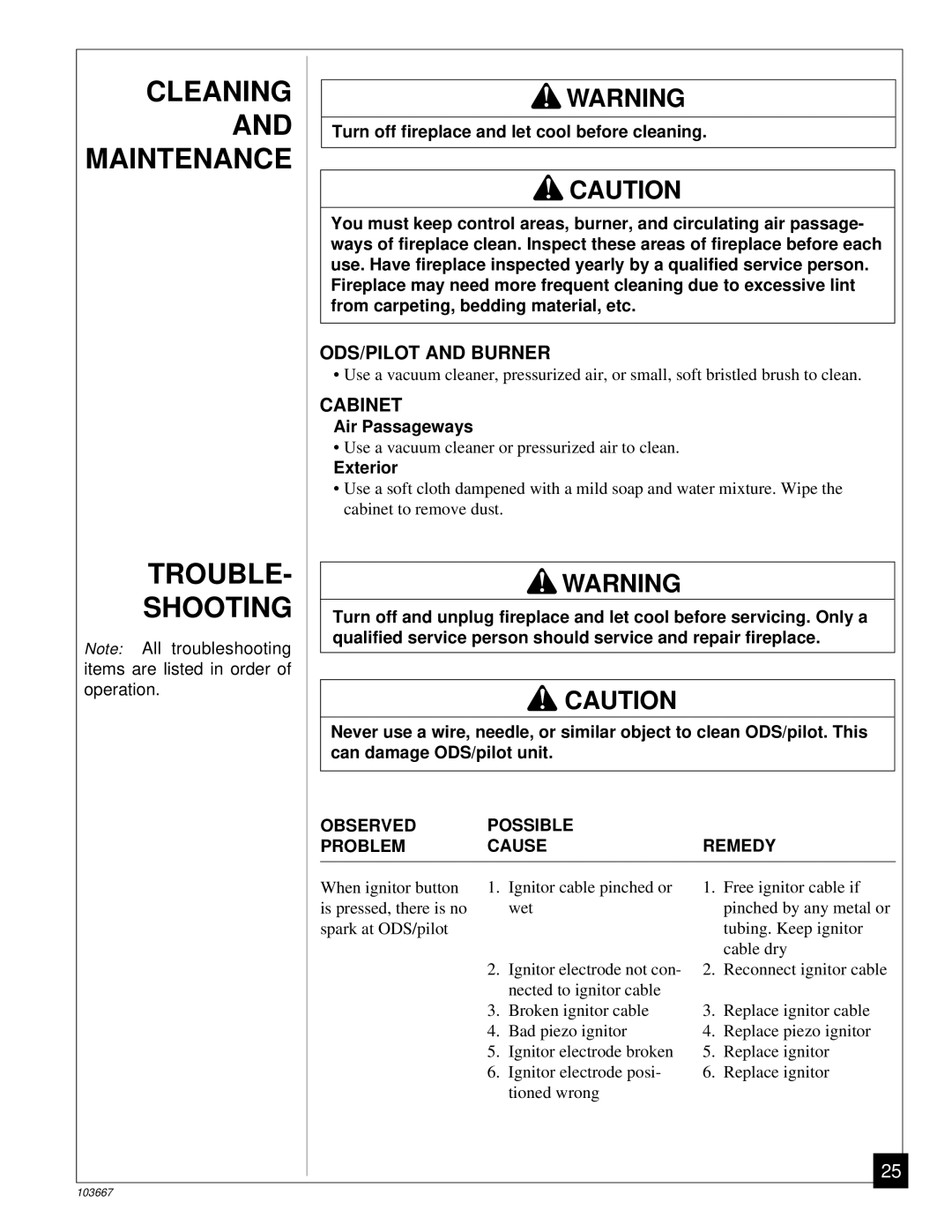 Desa CGCF26TP installation manual Cleaning and Maintenance Trouble Shooting, ODS/PILOT and Burner, Cabinet 