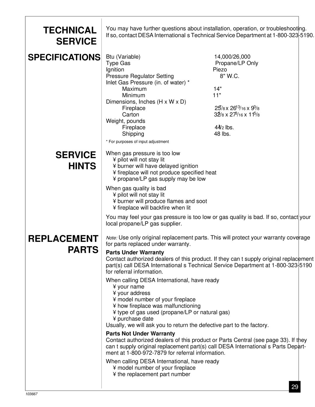 Desa CGCF26TP installation manual Technical Service, Service Hints, Parts Under Warranty, Parts Not Under Warranty 