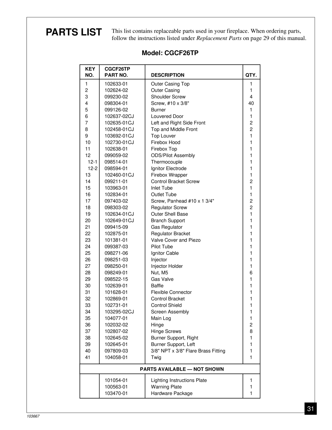 Desa installation manual Parts List, Model CGCF26TP 