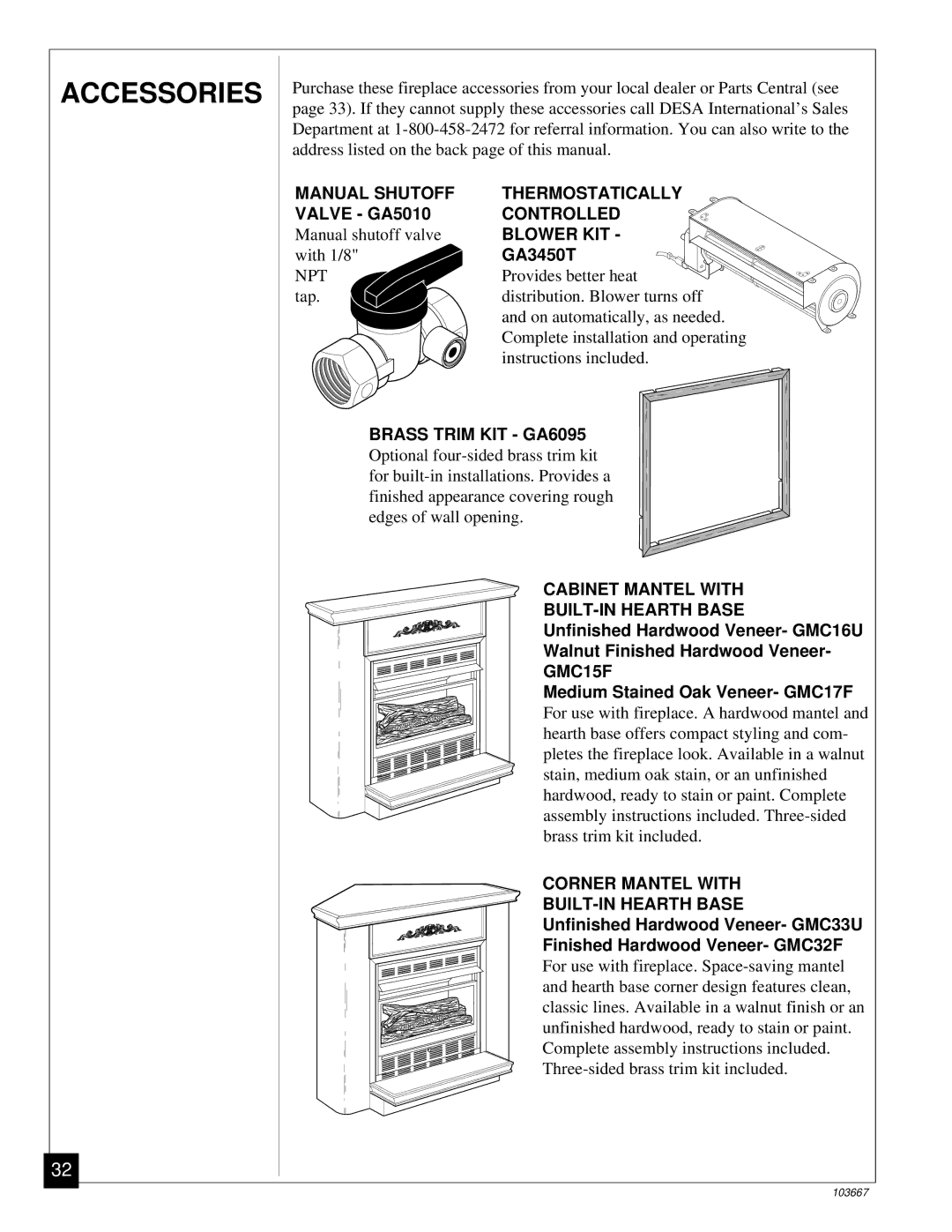 Desa CGCF26TP installation manual Accessories, Valve GA5010, GA3450T, Medium Stained Oak Veneer- GMC17F 