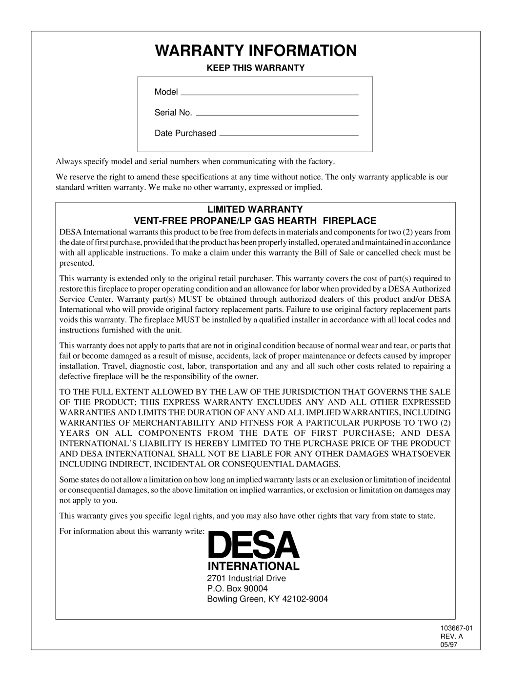 Desa CGCF26TP installation manual Warranty Information, Keep this Warranty 