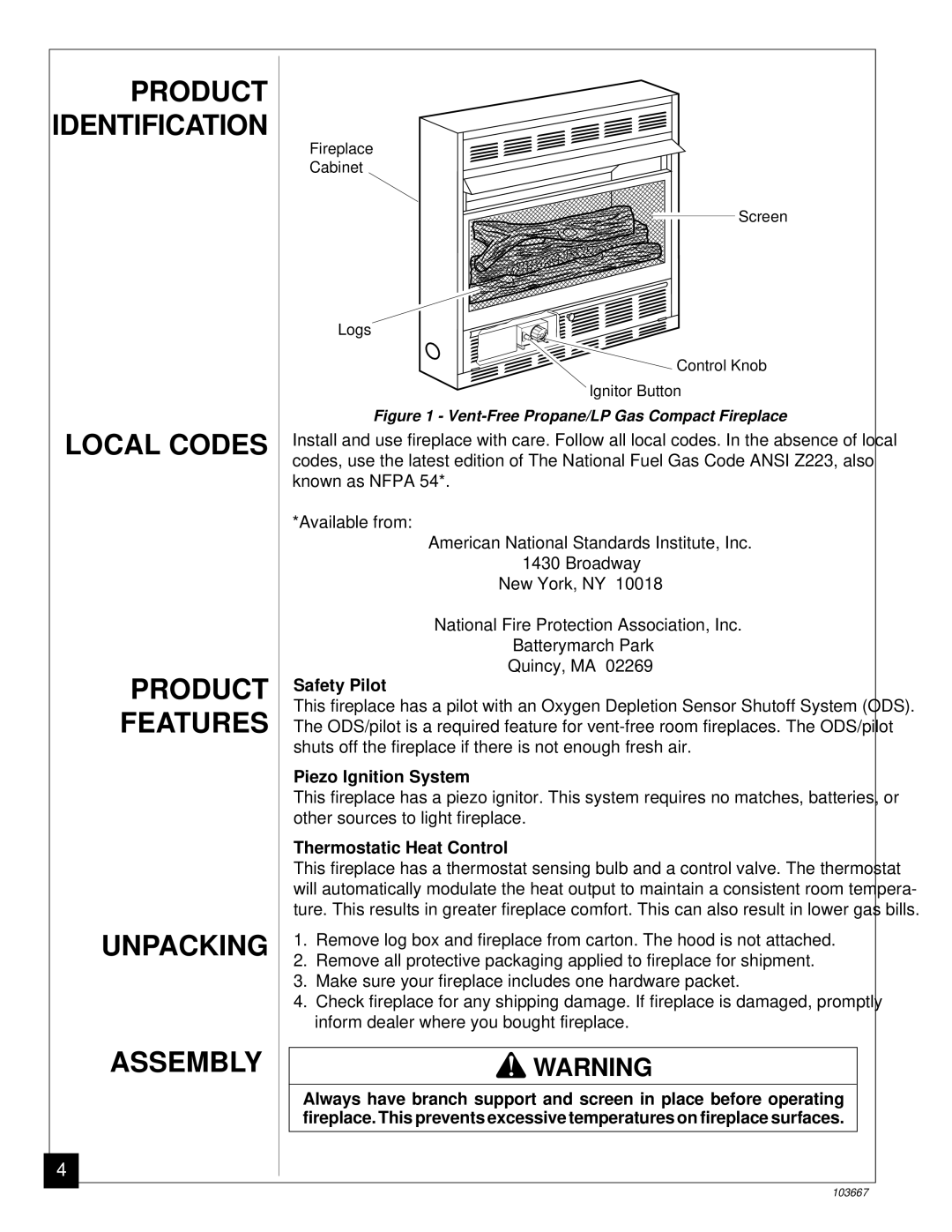 Desa CGCF26TP installation manual Local Codes Product Features Unpacking Assembly, Safety Pilot, Piezo Ignition System 