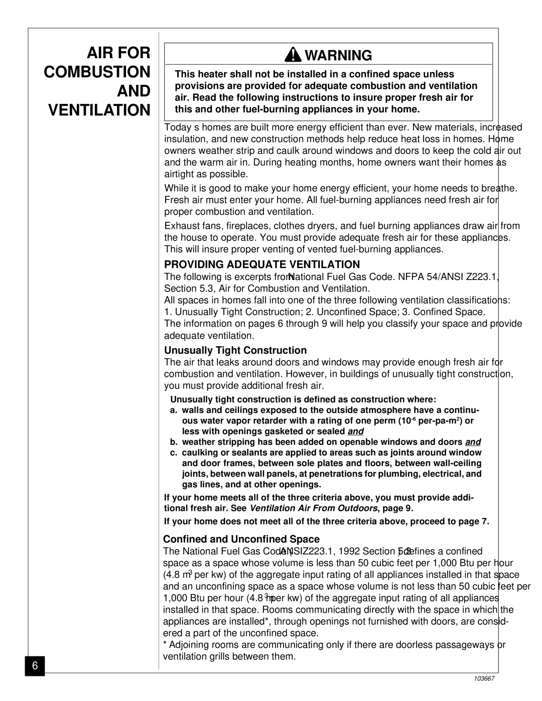 Desa CGCF26TP AIR for Combustion and Ventilation, Providing Adequate Ventilation, Unusually Tight Construction 