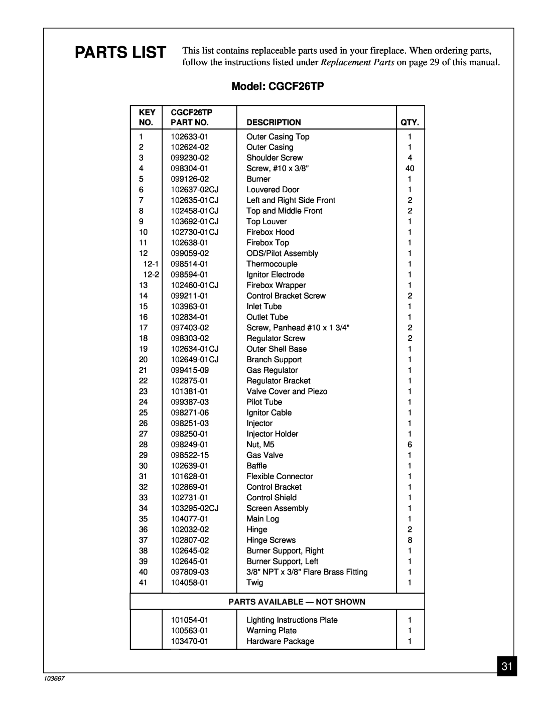 Desa installation manual Parts List, Model CGCF26TP 