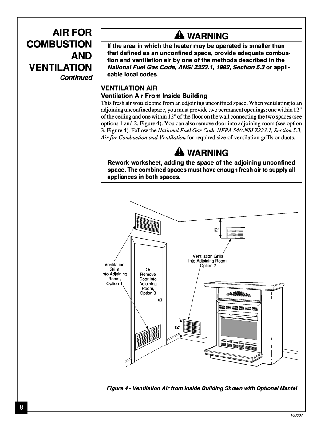 Desa CGCF26TP installation manual Air For Combustion And Ventilation, Continued, Ventilation Air From Inside Building 