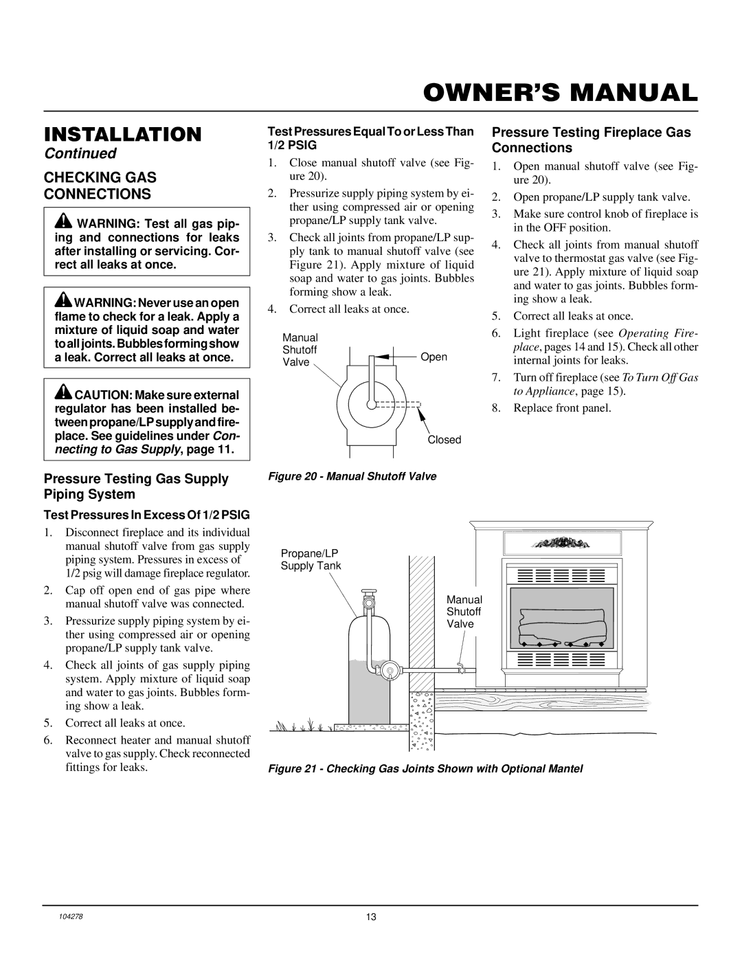 Desa CGCF26TPA installation manual Checking GAS Connections, Pressure Testing Gas Supply Piping System 