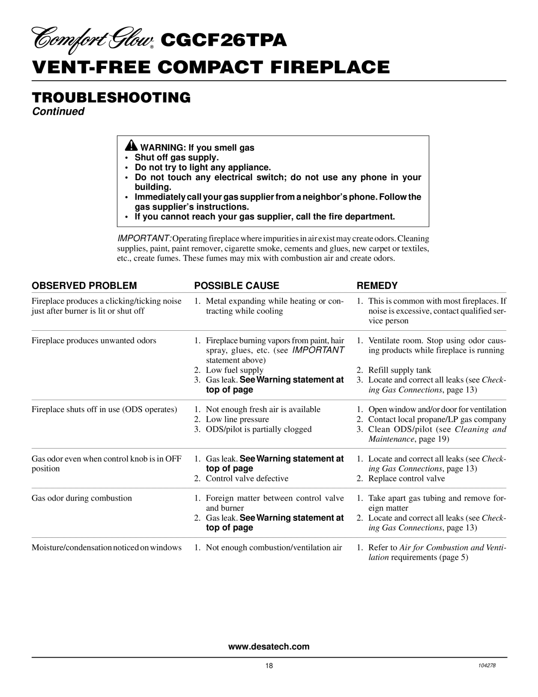 Desa CGCF26TPA installation manual Gas leak. See Warning statement at 