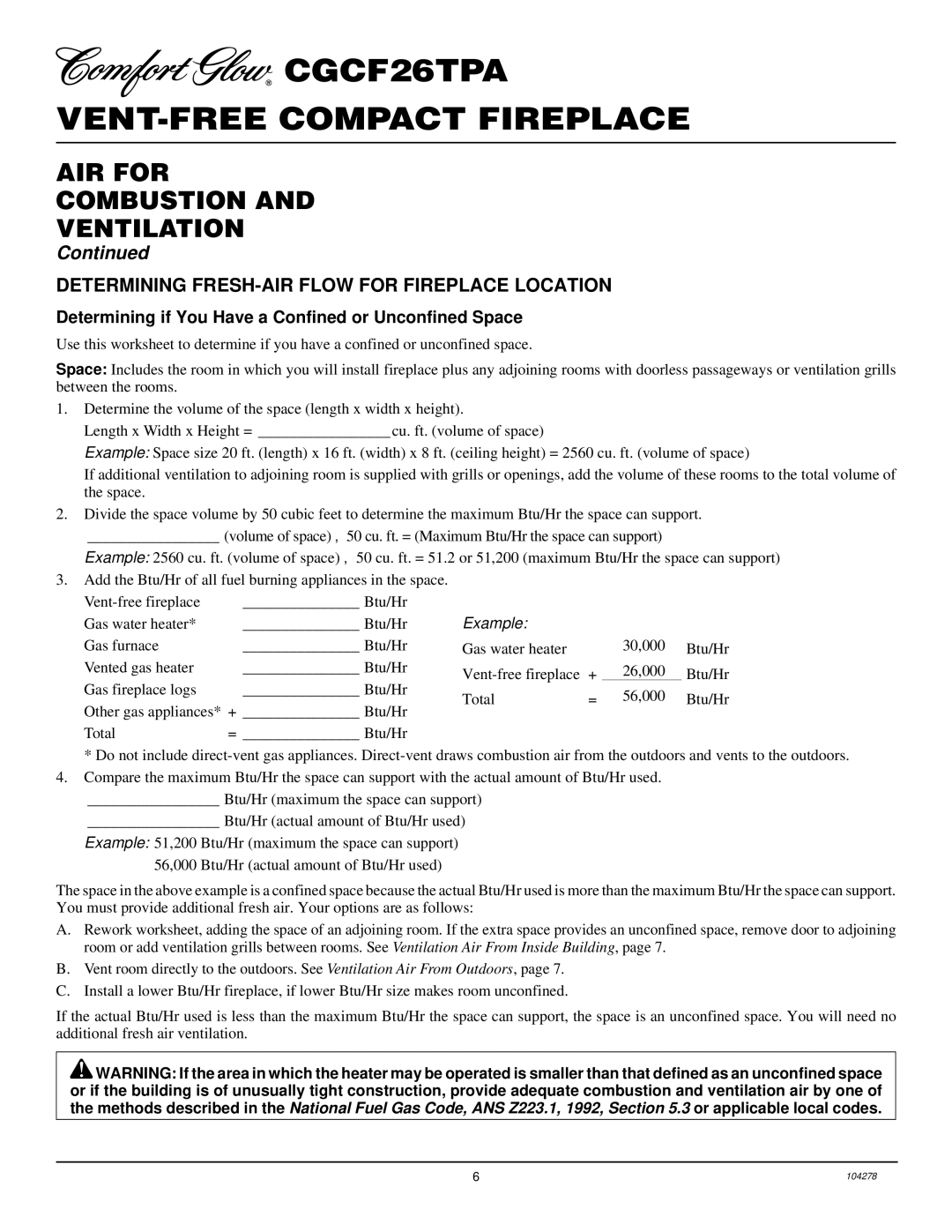 Desa CGCF26TPA installation manual AIR for Combustion Ventilation, Determining FRESH-AIR Flow for Fireplace Location 