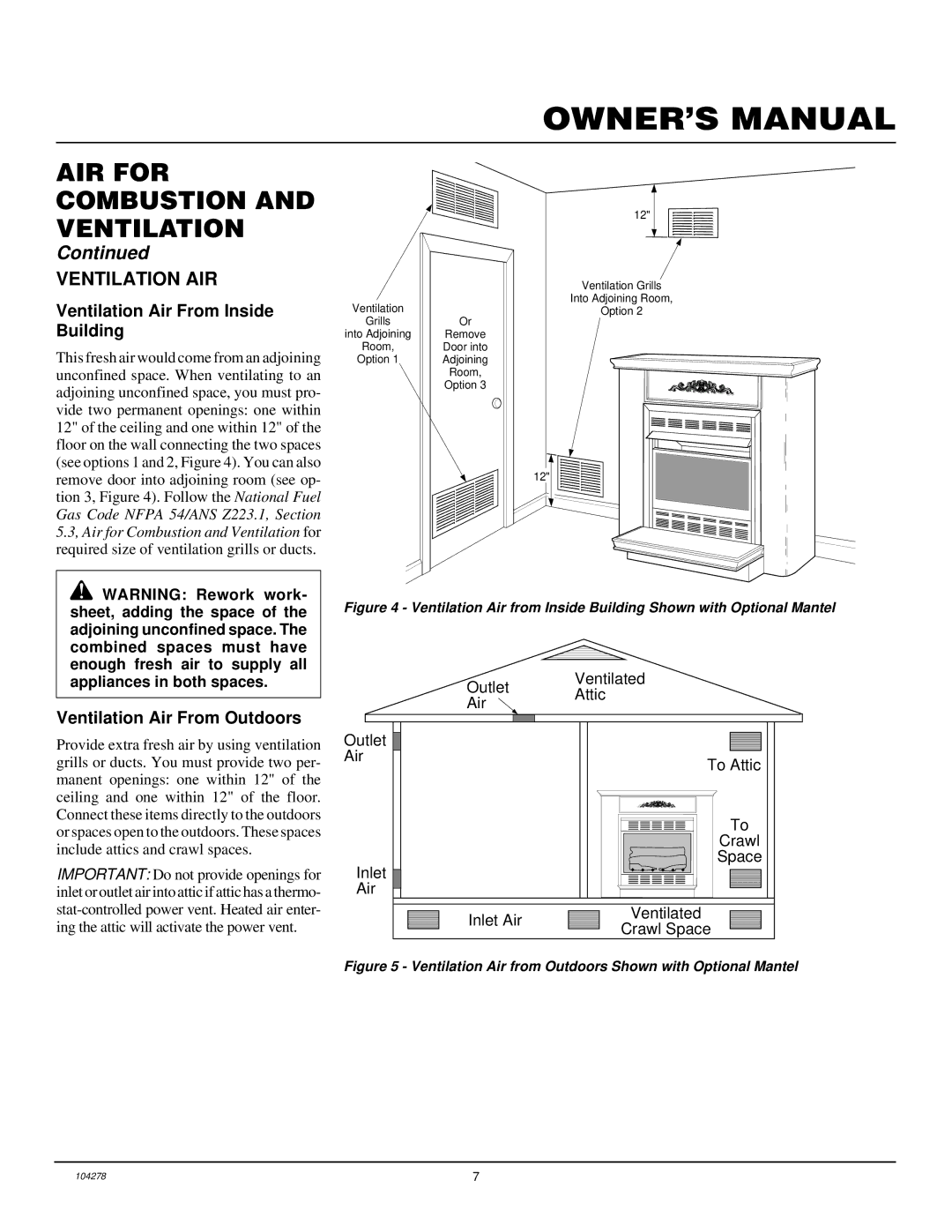 Desa CGCF26TPA installation manual Ventilation AIR, Ventilation Air From Inside Building, Ventilation Air From Outdoors 