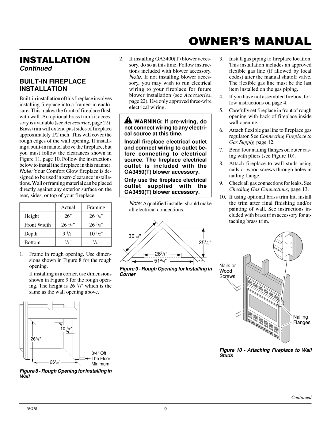 Desa CGCF26TPA installation manual BUILT-IN Fireplace Installation, Rough Opening for Installing in Corner 