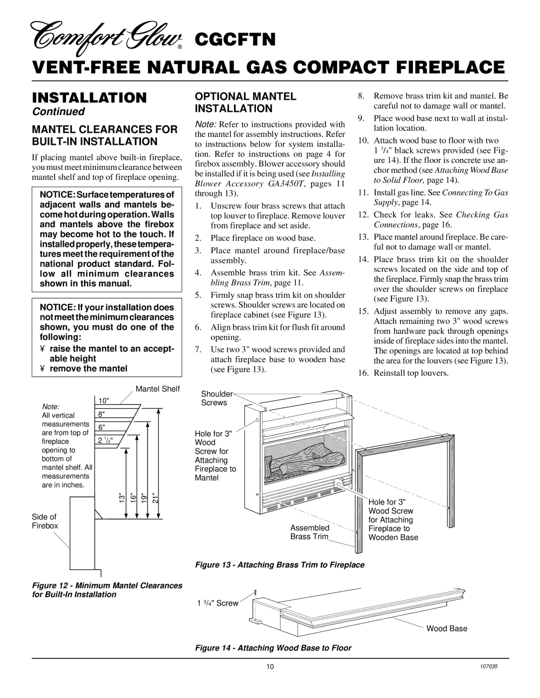 Desa CGCFTN installation manual Mantel Clearances for BUILT-IN Installation, Optional Mantel Installation 