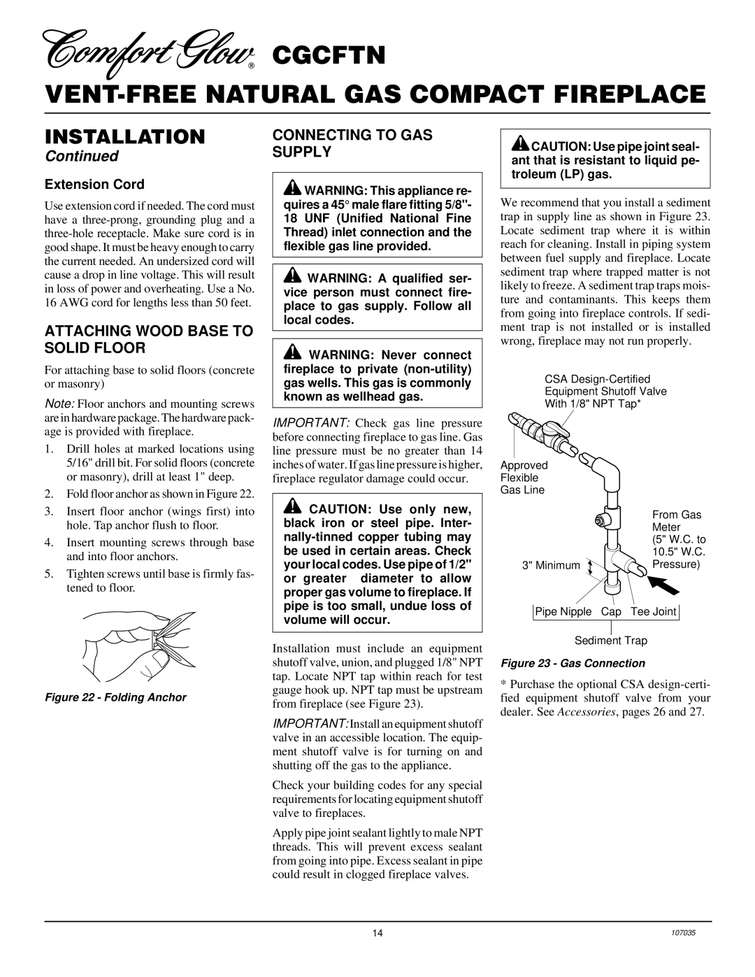 Desa CGCFTN installation manual Attaching Wood Base to Solid Floor, Connecting to GAS Supply, Extension Cord 