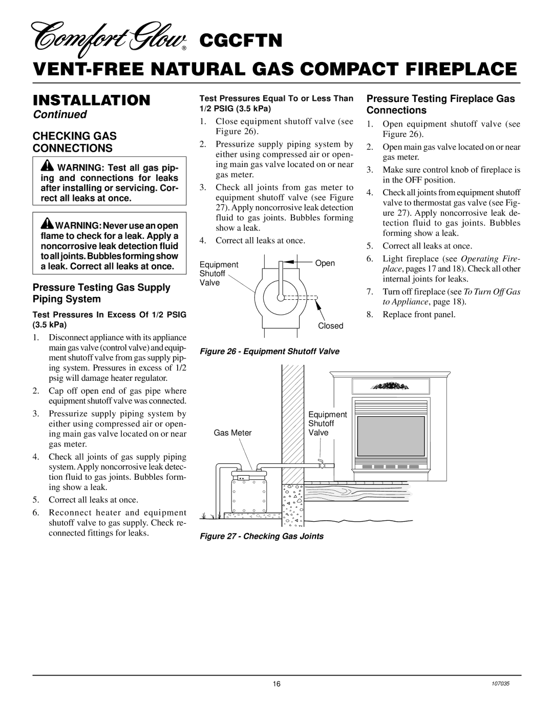 Desa CGCFTN installation manual Checking GAS Connections, Pressure Testing Gas Supply Piping System 