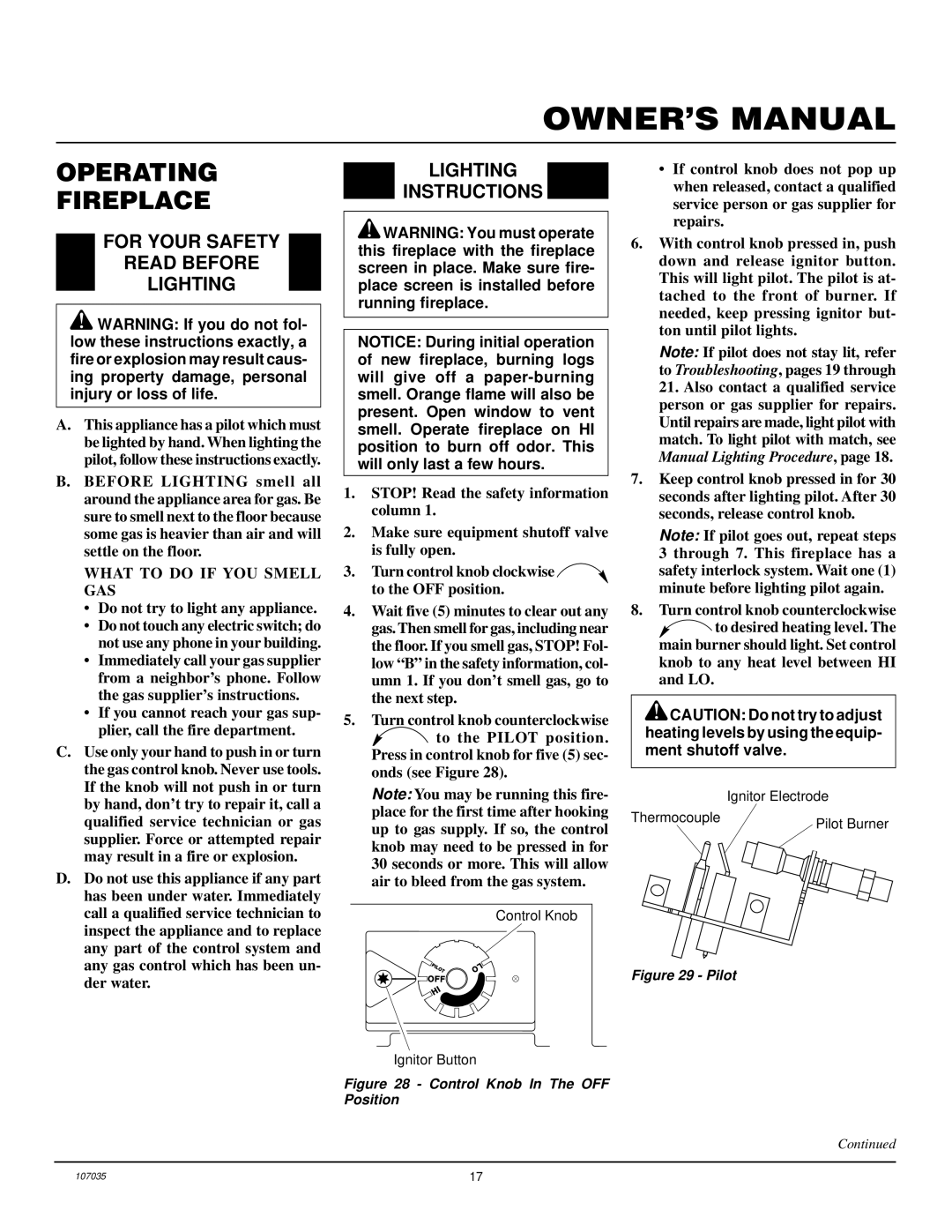 Desa CGCFTN installation manual Operating Fireplace, For Your Safety Read Before Lighting, Lighting Instructions 