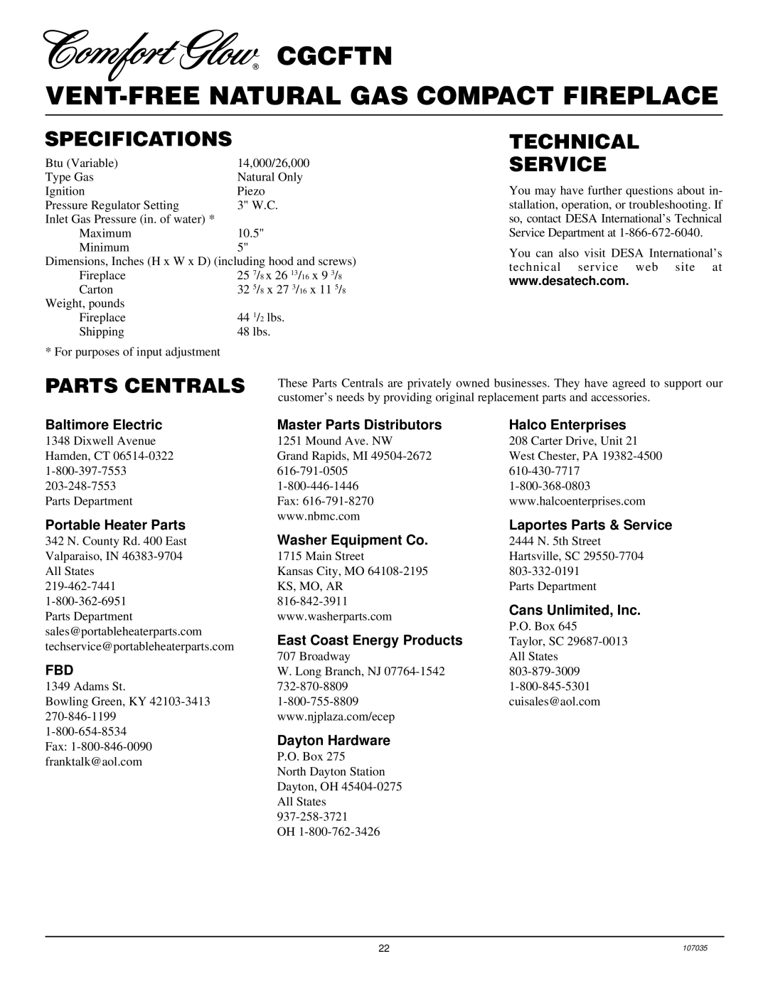 Desa CGCFTN installation manual Specifications, Technical Service, Parts Centrals 