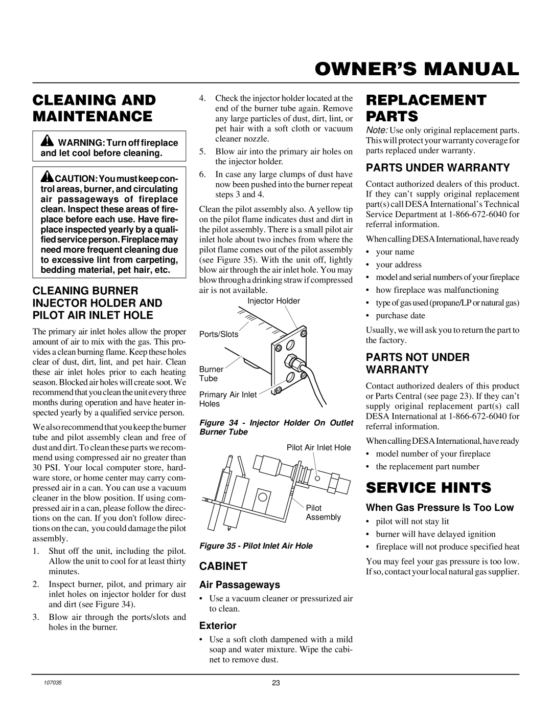 Desa CGCFTN installation manual Cleaning and Maintenance, Replacement Parts, Service Hints 