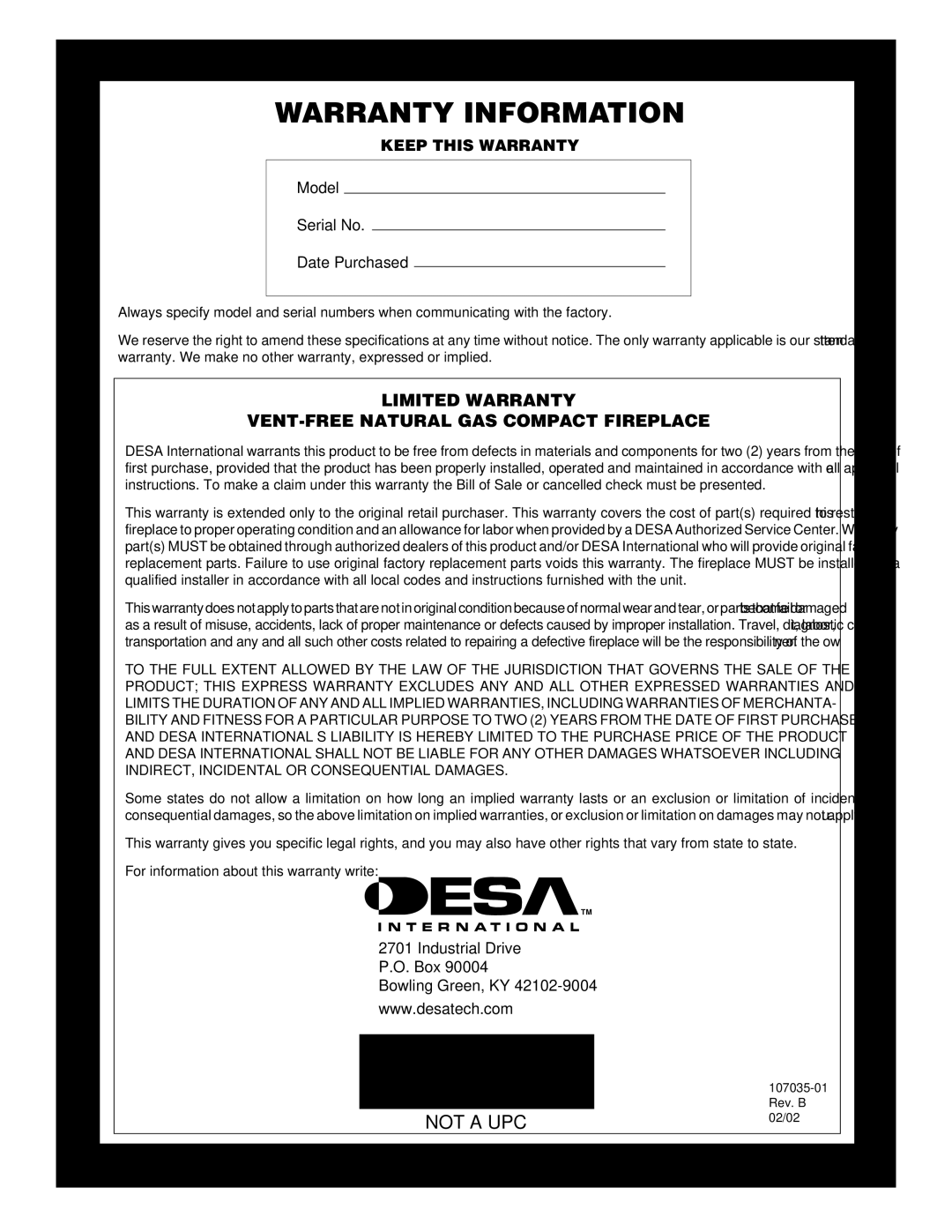 Desa CGCFTN installation manual Warranty Information 