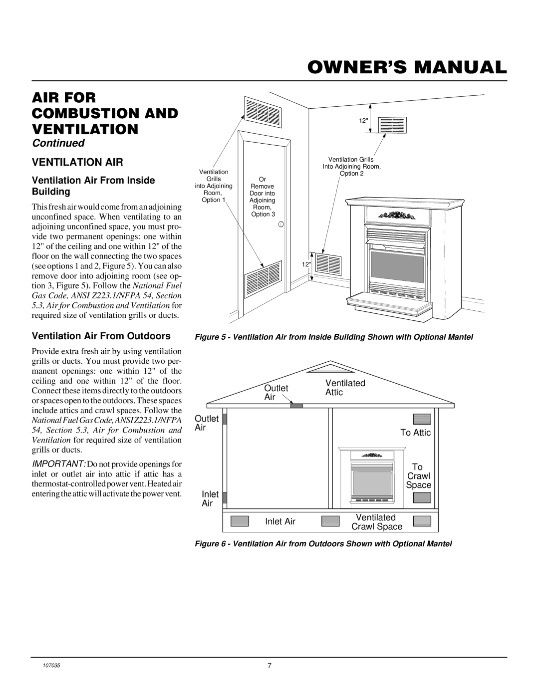 Desa CGCFTN installation manual Ventilation AIR, Ventilation Air From Inside Building, Ventilation Air From Outdoors 